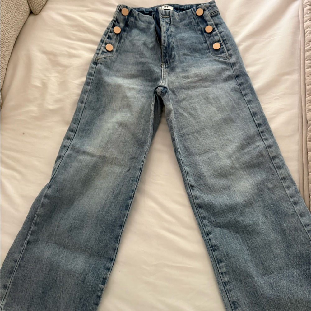 Oat New York Light Wash High-Rise Cropped Wide-Leg Jeans with Sailer buttons